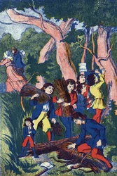 Træhuggerne forlader deres børn, Illustration til "" Le Pepetit poucet"", fortælling af Charles Perrault (1628-1703), fransk forfatter. Anonym illustration. Billedmateriale Marcel Vagne, Jarville Nancy, udateret (slutningen af det 19. århundrede).