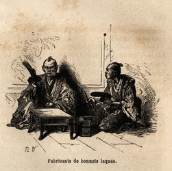 Producenten af lakerede kopper. Gravering til illustration af rejsen til Japan i 1863-1864 af Aime Humbert, minister for Det Schweiziske Forbund, i "Le tour du monde, nouveau journal des voyages", udgivet under ledelse af Edouard Charton