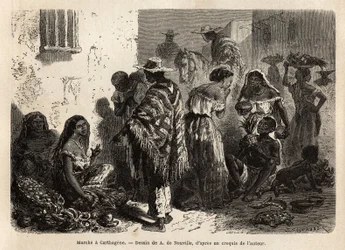 Markedet i Cartagena (Colombia), i byens forstæder, hovedsageligt besøgt af sorte mennesker, mestizer og indianere. Stik til illustration af dr. Saffrays rejse til Ny Granada i 1869, udgivet i „Le Tour du monde“ 1872, redigeret ved Édouard Charton
