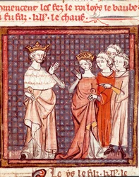 Ægteskabet mellem Ludvig II Begue (846-879) konge af Francs og Adelaide af Friuli i 875 Miniature fra "" Grandes Chronicles de France"" 1375-1379 kommunale bibliotek, Castres