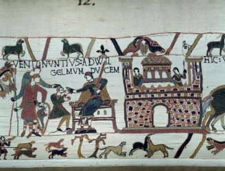 Sendebudene fra kongen af Normandiet Vilhelm Erobreren (1027-1087) informerede ham om, at Harold, som kom fra England på vegne af kong Edvard Confessor af England, blev taget til fange af grev Guy de Ponthieu. Detail of the Tapestry of Bayeux eller Emb