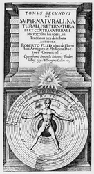 Mikrokosmos og makrokosmos - Allegorisk fremstilling af menneskets position i universet (det vitruvianske menneske): forholdet mellem mennesket (mikrokosmos) og makrokosmos symboliseres af Solens, Månens og planeternes sfærer, forskellige temperamenter og