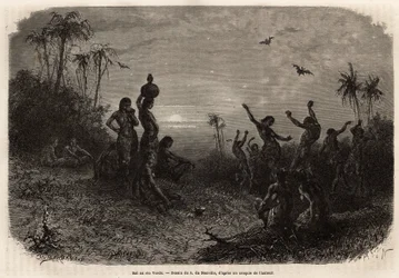 Måneskinskuglen, som afslutter 18 års jubilæumsceremonien og brylluppet af en ung indisk mand fra Rio Verde (Brasilien). Indgravering til illustration af rejsen til New Granada, af Dr. Saffray, i 1869, udgivet i "" Le tour du monde""" 1873, redigeret af