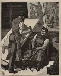 Mosaikken: mosaikværksted. Indgravering fra 1885 i "" Les arts et metiers illustres"" af Adolphe BITARD.