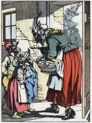 Gedemoderen tager af sted og advarer sine biketter. Illustration af fortællingen "Compere le Loup, Maitre Renard, Comere la Chevre et ses petits biquets"" efter en fabel af Jean de la Fontaine. I “”Fortællinger fra hjemmet for de mindste””. Anonym e