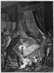 Mordet på zar Paul I af Rusland, marts 1801 - Illustration 1882-1884 - Attentatet på Paul I Petrovitj (1754-1801), russisk zar, i hans værelse på Sankt Michaels Palads efter at være blevet tvunget til at underskrive sin abdikation - Illustration 1882-1884