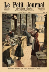 De nye hjælpepostkontorer i Paris: Nogle handlende åbner en postskranke sideløbende med deres forretningsaktiviteter. Stik i »Le Petit Journal«, 14/05/1894. Selva-samlingen.