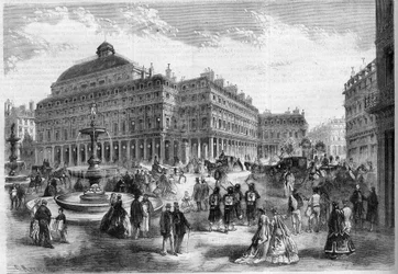 Det nye sted for det franske teater (Comedie Francaise) med springvandene projekteret ved Palais Royal (Palais Royal) i Paris. Gravering i "" L