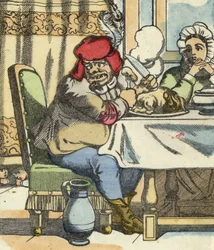 Trolden ved bordet føler tilstedeværelsen af lille Poucet og hans brødre. Illustration af fortællingen "" Le Pepetit Poucet"" af Charles Perrault