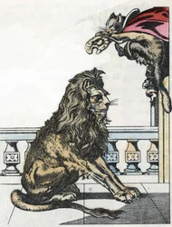 Trolden bliver til en løve efter anmodning fra støvlekatten. Illustration af fortællingen "The cat botte" af Charles Perrault