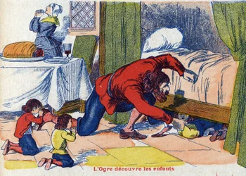 Trolden opdager børnene. Illustration til "" Le Pepetit poucet"", fortælling af Charles Perrault (1628-1703), fransk forfatter. Anonym illustration. Billedmateriale Marcel Vagne, Jarville Nancy, udateret (slutningen af det 19. århundrede).