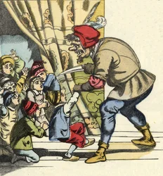 Trolden tager et barn med den hensigt at fortære hende. Illustration af fortællingen "" Le Pepetit Poucet"" af Charles Perrault