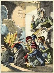 Troldens kone opvarmer den Lille Poucet og hans brødre med bål. Illustration af fortællingen "" Le Pepetit Poucet"" af Charles Perrault