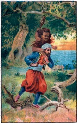 Havets gamle mand. Sømanden Sinbads (Sindbad) vidunderlige eventyr. Populær fortælling om 1001 nætter (et tusinde og en nat). Kromolitografi i slutningen af det 19. århundrede.