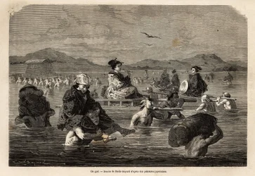 Passage af en gæst, med præsentation af måder at transportere passagerer og bagage på. Indgravering til illustration af rejsen til Japan i 1863-1864 af Aime Humbert, minister for Det Schweiziske Forbund, i "" Le tour du monde, nouveau journal des voyages"