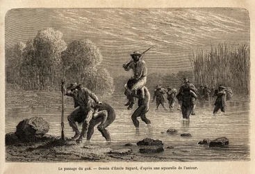 Gæerens passage, Siriniris-indianerne, foreslår spontant at videreføre ekspeditionens medlemmer for at få dem til at krydse damme dannet ved foden af Mount Basiri (Peru). Engravure pour illustrrer le voyage dans les vall