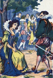 Prinsessens tåbelighed satte hoffolkene væk. Anonym illustration til "Riquet à la houppe", fortælling af Charles Perrault (1628-1703), fransk forfatter. Billedmateriale Marcel Vagne, Jarville Nancy, udateret (slutningen af det 19. århundrede).
