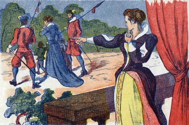 Dronningemoderen har dronningen og hendes børn indespærret. Anonym illustration til "La belle au bois dormant", fortælling af Charles Perrault (1628-1703), fransk forfatter. Billedmateriale Marcel Vagne, Jarville Nancy, udateret (slutningen af det 19. århu