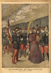 Tilbagekomsten af oberst Brice Bizots 200. regiment (1848-1929) til Port Vendor, hvor damerne i Perpignan gav dem en trefarvet palme for at fejre deres heltemod. Indgravering i "" Le petit journal"" 5/01/1896. Selvas samling.
