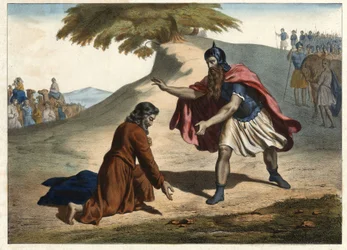 Jakobs tilbagevenden og hans møde med Esau - Jakob vender tilbage til Kanaans land med sine hustruer og børn: han møder sin bror Esau. Stik fra halvdelen af 1800-tallet.
