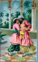 Prinsens tilbagevenden. Fortælling "" Historien om den fortryllede hest""" i "" De tusind og en nat""" (de 1001 nætter eller Le mille e una notte, Arabian Nights). Kromolitografi i slutningen af ​​det 19. århundrede.
