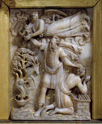 Englen Abrahams ofring viser sig for Abraham for at fortælle ham, at han ikke skal ofre sin søn Isak. Lavt relief i elfenben medaljon. 15. århundrede. Musee Vivenel, Compiegne