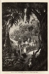Sæsonens fejringer i Luang Prabang, den kongelige hovedstad i Lan Xang (de millioner elefanters rige) (det nuværende Laos), bestående af en procession af indbyggerne og en pagode for tilbedelse i hele byen. Gravering for at illustrere en opdagelsesrejse