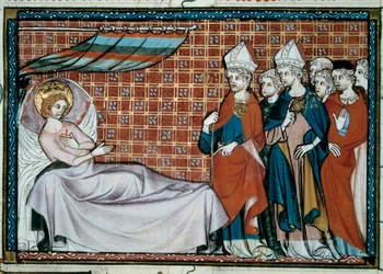Den syge konge af Frankrig Saint Louis (Louis IX) (1214-1270) henvender sig til sine slægtninge og præsteskabet. Miniature fra et manuskript "Life and Miracles of Saint Louis" af William af Saint Pathus