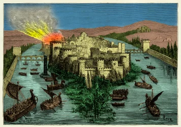 Vikingernes belejring af Paris i 845 med Ragnar Lodbrok i spidsen, stik, 19. århundrede