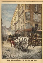 Damppumpen og køretøjerne fra brandmændene i Paris, ifølge et maleri af Mr. Busson. Indgravering i "" Le petit journal"" 3/05/1896. Selvas samling.