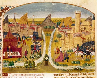 Overgivelsen af en by i Mesopotamien Miniature taget fra "" Book of Facts of Alexander the Great"" af Quintus Curtius Rufus (Quinte Curce) (1. århundrede), omkring 1468. (Ms 1335) Reims. Kommunebibliotek