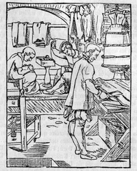 Skrædderværkstedet i 1500-tallet, tilskæring af stoffer - I “” Den maleriske butik”” 1836