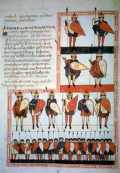 De ti konger af apokalypsen våben af spyd og skjolde med deres tropper. Miniature i "" Beatus de Liebana, Commentary on the Apocalypse"" (Folio 193), af Stephanus Garcia