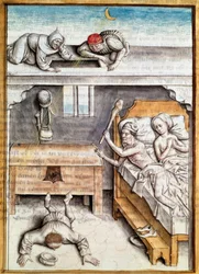 Tyven, der brød ind i et hus, bliver straffet Miniature fra en tysk oversættelse af fablerne om "Kalila (Calila) og Dimna" af Bidpai. (ms. 1389, fol. 4) omkring 1480 Chantilly, museum Conde