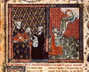 Oversættermunken præsenterer sin bog til kong Filip III af Frankrig kaldet den dristige (1270-1285). Miniature taget fra The Christian Doctrine, af St. Augustine (?)