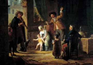 Den rejsende musiker En violinist spiller musik ved døren til et familiehus. Anonymt maleri. 1819 Paris, Dekorativ Kunst
