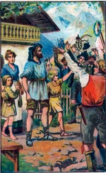 Hyldesten af konføderen til Guillaume Tell (William Tell) (legendariske helte fra schweizisk uafhængighed) Kromolitografi fra slutningen af det 19. århundrede.