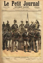 Den italienske hærs uniformer, til hest fra venstre mod højre: artilleriet, kavaleriofficeren, generalen, obersten for Carabinieri, officeren for guiderne, 10. lanserregiment, den hundredende. Stående fra venstre mod højre: karabineren
