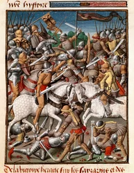 Den byzantinske kejser Heraclius (Herakleios (ca. 575-641) sejr over sarrazins Miniature i "" Le miroir historial"" (Speculum Historiale) (ms. 1196 fol. 65 v.) af Vincent de Beauvais (1190-1264) oversat til fransk af Jean de Vignay