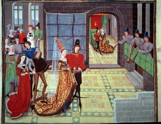 Renaud og Clarisses bryllup i baggrunden på bryllupsnatten. Miniature fra manuskriptet "Renaud de Montauban" eller "Les quatre fils Aymon" af Loyset Liedet (aktivt mellem 1448 og 1478). Ms. 5073. Bibliotheque de l
