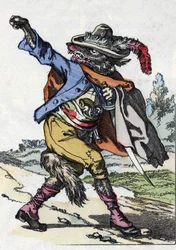 Ulven. Illustration af fortællingen "Compere le Loup, Maitre Renard, Comere la Chevre et ses petits biquets"" efter en fabel af Jean de la Fontaine. I “”Fortællinger fra hjemmet for de mindste””. Anonym gravering af det 19. århundrede.