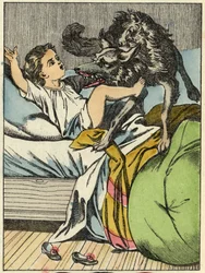 Ulven slår Den Lille Rødhætte. Illustration af fortællingen "Den Lille Rødhætte" af Charles Perrault