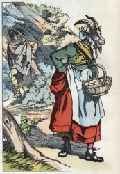 Ulven leder efter geden, der forlader sit hjem. Illustration af fortællingen "Compere le Loup, Maitre Renard, Comere la Chevre et ses petits biquets"" efter en fabel af Jean de la Fontaine. I “”Fortællinger fra hjemmet for de mindste””. Anonym gravering