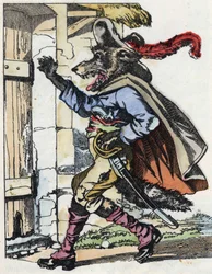 Ulven banker på døren til bikethuset. Illustration af fortællingen "Compere le Loup, Maitre Renard, Comere la Chevre et ses petits biquets"" efter en fabel af Jean de la Fontaine. I “”Fortællinger fra hjemmet for de mindste””. Anonym gravering o