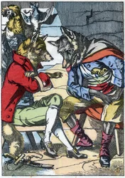 Ulven møder ræven igen. Illustration af fortællingen "Compere le Loup, Maitre Renard, Comere la Chevre et ses petits biquets"" efter en fabel af Jean de la Fontaine. I “”Fortællinger fra hjemmet for de mindste””. Anonym gravering af det 19. århundrede.