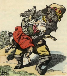 Ulven stikker af med et lille barn. Illustration af fortællingen "Bon medor og Lille Chevrette". I “”Fortællinger fra hjemmet for de mindste””. Anonym gravering af det 19. århundrede.