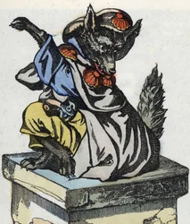 Ulven sidder på skorstenen. Illustration af fortællingen "Compere le Loup, Maitre Renard, Comere la Chevre et ses petits biquets"" efter en fabel af Jean de la Fontaine. I “”Fortællinger fra hjemmet for de mindste””. Anonym gravering af det 19. århundrede.