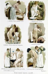 Kvinden, hjemmelæge: vand som helbredende middel. 1. Aluering af en syg person i sengen, 2. Alution ved brand, 3. Alution skiftevis i et badekar, 4. Regnbruser, 5. Bruser med et vandhanerør af et køkken, 6. Vanding i et lille interiør - i “ Kvinden, hjemme