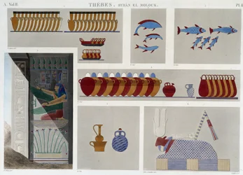 Theben: Bybân el Molouk. pl 87: Malerier af 5. kongegrav mod øst, 7. basrelief fra indgangen til samme grav i "" Egyptian Antiquites"", sd. 19. århundrede