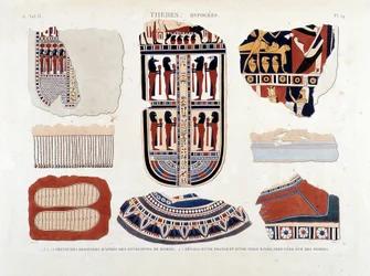 Theben, Hypogees: 1.2.3.6.7.8. malerier fra mumiekuverter 4.5. Detaljer om en frynser og et stribet lærred, fundet på mumier - i "" Description of Egypt"" 1809, Antiquite vol 2 pl 112